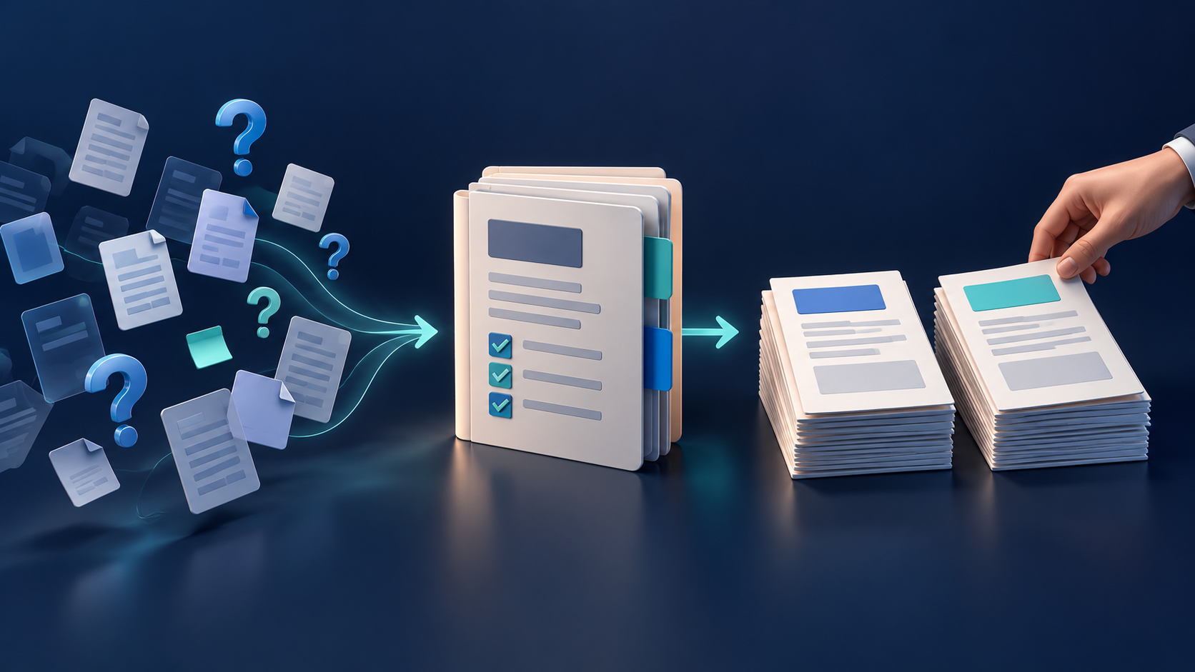 Corporate illustration of scattered question and document cards converging into a shared tender file, emphasizing human oversight
