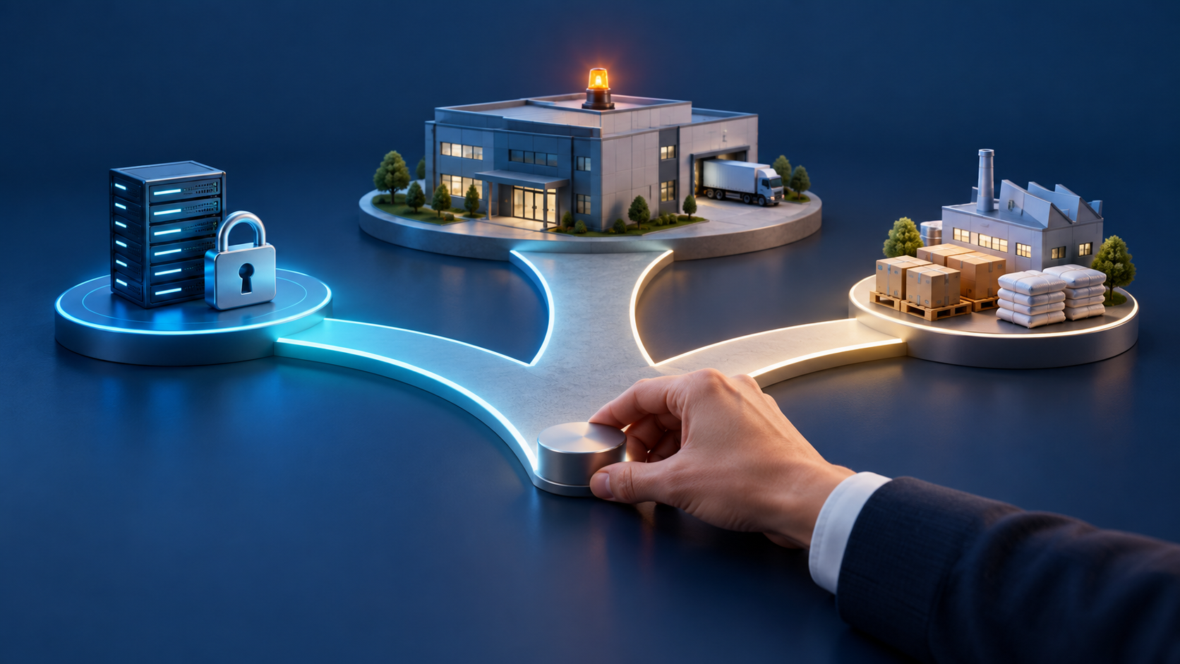 Corporate illustration linking a warning at a supplier node to separate reviews of system access and material flow