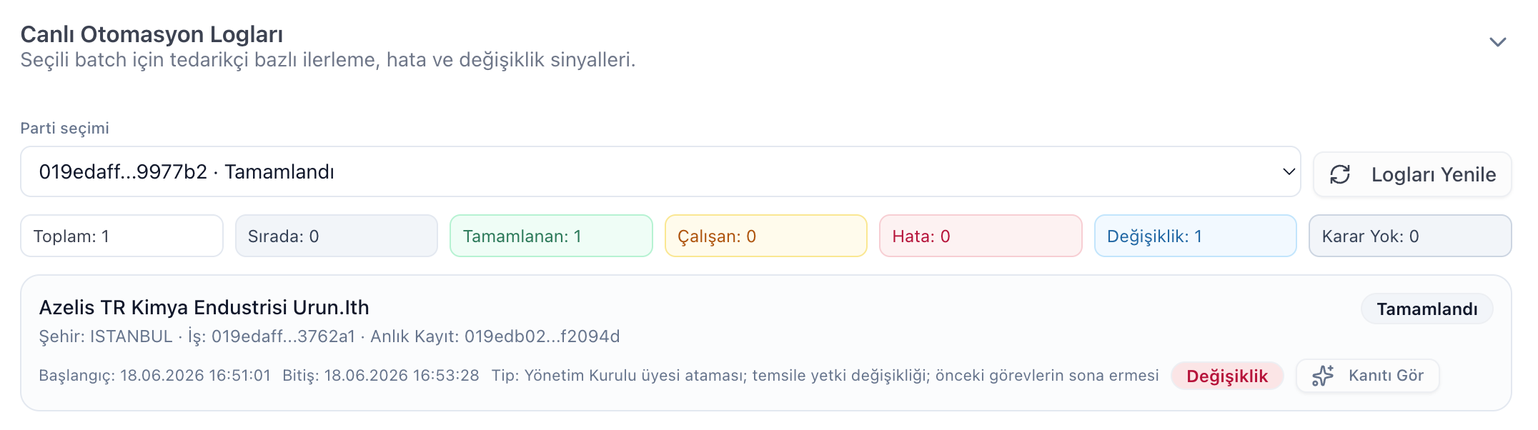 Quibas sicil değişikliği ve otomasyon logları