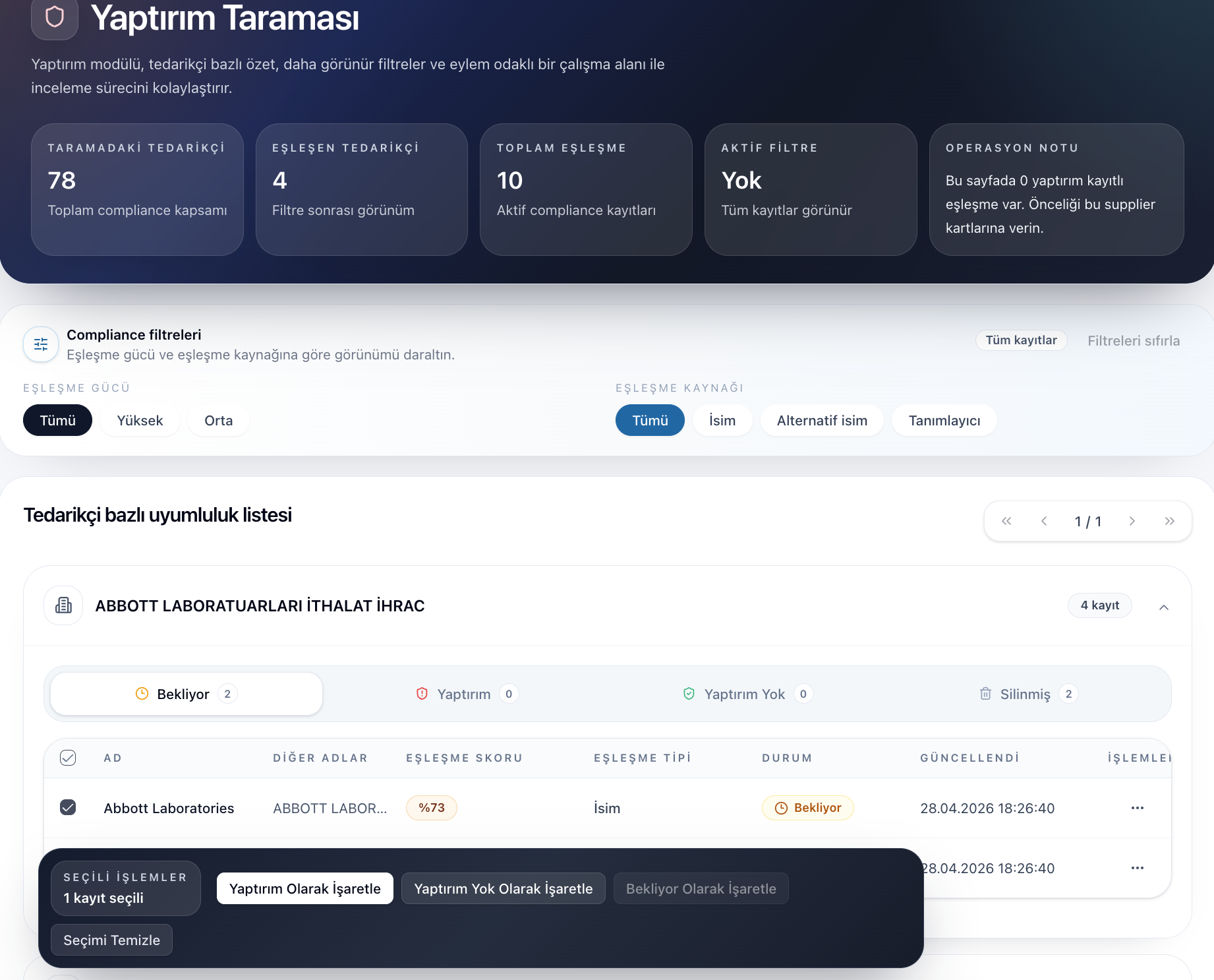 Quibas Yaptırım Kontrolü Dashboard - tedarikçi bazlı yaptırım filtreleri ve uyumluluk listesi